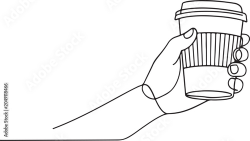 Hand Holding Disposable Coffee Cup With Lid Line Drawing Illustration For Beverage Takeaway Outline Art