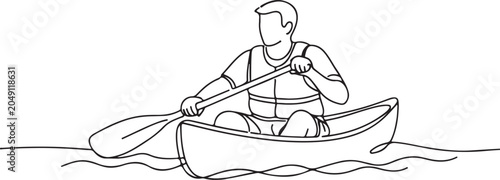 Man In Canoe On Lake Or River Line Drawing Illustration For Outdoor Adventure Outline Artwork