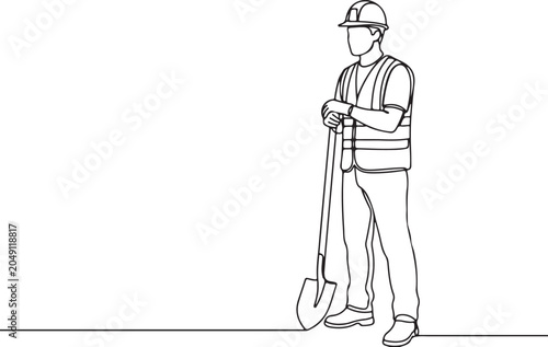 Line Drawing Of Roadworker Construction Worker Holding Shovel Labor Industry Safety Illustration