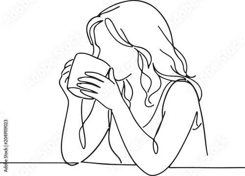 Line Drawing Of Woman Drinking From Coffee Mug Relaxing Morning Beverage Lifestyle Illustration