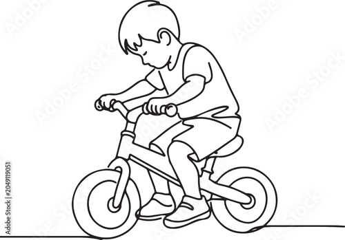Line Drawing Of Young Boy Riding Childrens Bicycle Outdoor Activity Lifestyle Illustration
