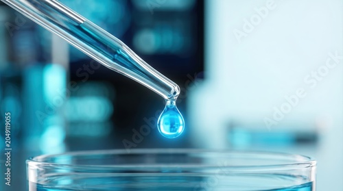 Biotech innovation and precision lab pipette with liquid drop, scientific medical research, professional sterile aesthetic