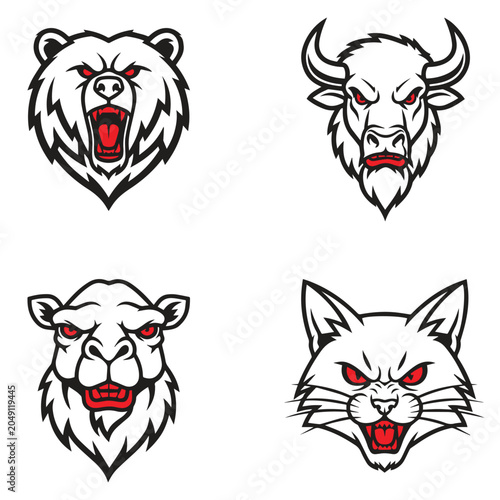 Photography Four Aggressive Animal Mascot Logo Set Bear Bison Camel Wildcat