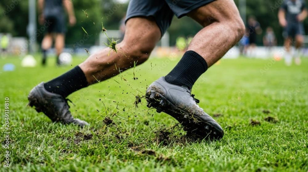 Naklejka premium Football boots kicking up turf during sprint on grass field