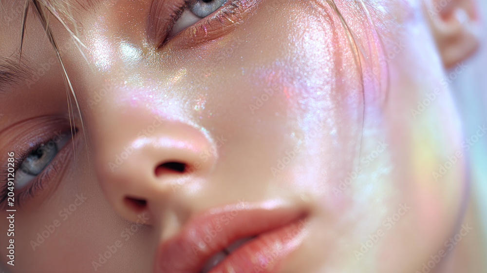 Naklejka premium Woman's intricate eye makeup showcasing sparkling iridescence and an ethereal aura, with luminous skin reflecting a rainbow chromatic glow across her face
