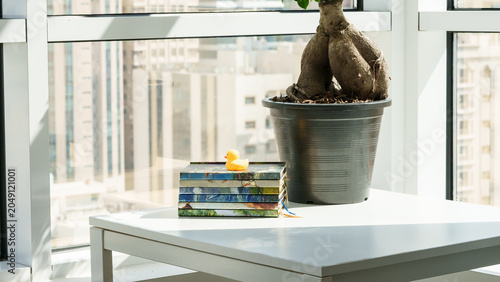Foto Potted plant with unique roots beside stacked books and a rubber duck on a white