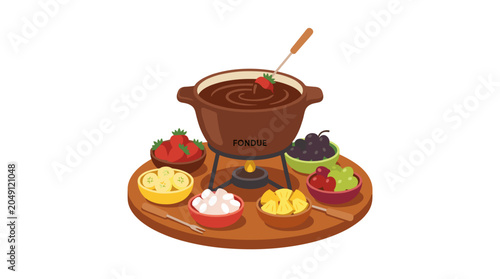 Chocolate fondue set with various fruits and marshmallows on a wooden serving tray