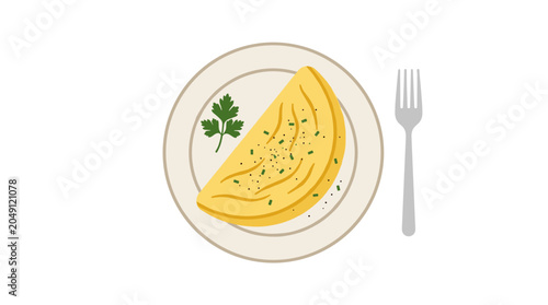 Omelet on a plate with a fork, vector illustration of a breakfast dish