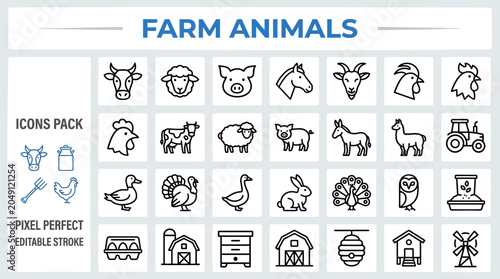 Cuadro en lienzo Domestic Farm and Poultry outline icon set
