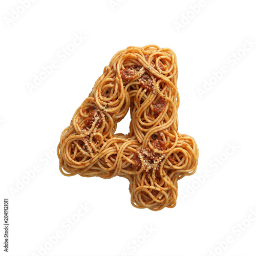 Spaghetti pasta number 4 - Italian noodles digit isolated on white background. Perfect alphabet for creative illustrations related to traditional cuisine, food, nutrition...