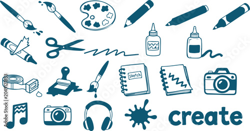 Fotografía Creative art supplies and design tools, hand drawn icons for artists and crafters, including brushes, pencils, scissors, glue, camera, and music notes