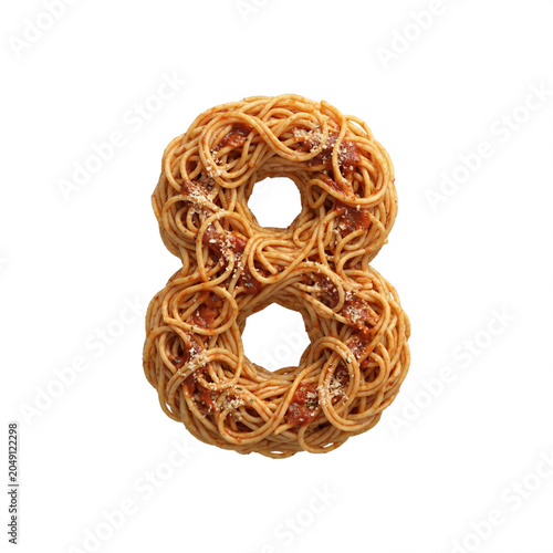 Spaghetti pasta number 8 - Italian noodles digit isolated on white background. Perfect alphabet for creative illustrations related to traditional cuisine, food, nutrition...