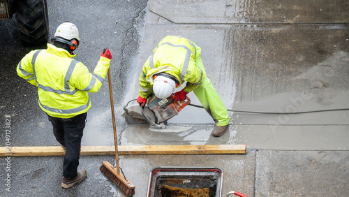 Two road workers in yellow vest cutting and sweeping wet concrete surface from above