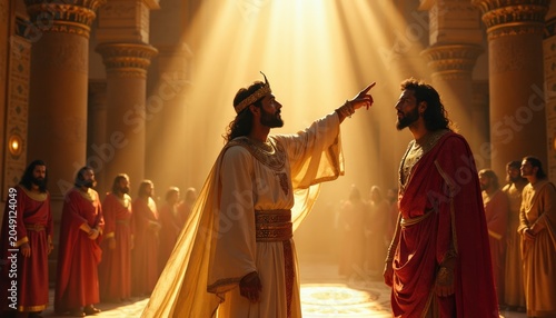 King and advisor in opulent palace interpret dream. Royal man points skyward as ruler listens intently. Attendants watch silently in sunlit hall. Ancient Egypt divine prophecy unfolds.