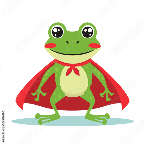 Cute cartoon superhero frog wearing a red cape
