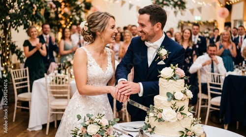 Happy bride and groom cutting wedding cake at reception with guests watching and celebrating