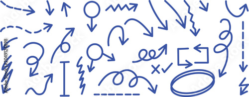 A collection of various blue hand-drawn arrows, swirls, circles, and doodle shapes isolated on a plain white background, for use