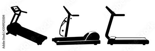 Cardio treadmill machine set with solid black icon design featuring fitness, exercise, gym equipment with running and workout