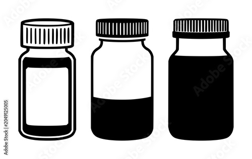 Pill bottle icon set with solid black shapes featuring medicine, prescription, pharmacy with healthcare and medical treatment