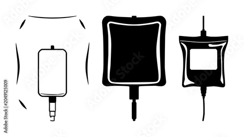 Medical IV drip bag set with solid black icon design featuring saline, intravenous, healthcare with treatment and fluid