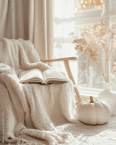 Cozy autumn reading corner featuring an open book, soft cream blanket, white pumpkin, dried grasses and warm natural sunlight. Inviting seasonal scene that captures comfort, relaxation living