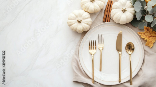 Elegant Autumn Table Setting with White Pumpkins on Marble Background
