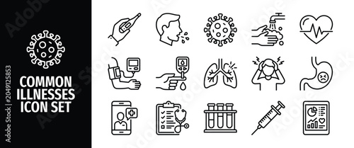 Common illnesses and medical symptoms line icon set vector icons of fever, cough, virus, hand washing, blood pressure, diabetes, lung disease, headache, stomach ache