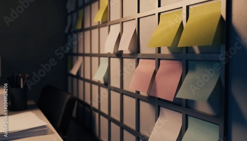 Modern wall planner calendar with blank colorful sticky notes attached to different days for effective project management and task scheduling mockup, organized workplace organizational tool.