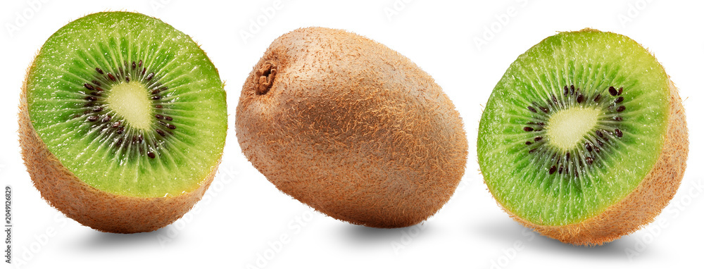 Fototapeta premium Fresh Cross Sectioned Kiwis And Whole Kiwi Fruit
