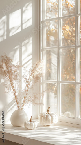 Cozy Autumn Window Scene with Pumpkins and Morning Sunlight