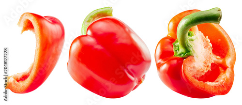 Sliced and Whole Red Bell Peppers Isolated White Background
