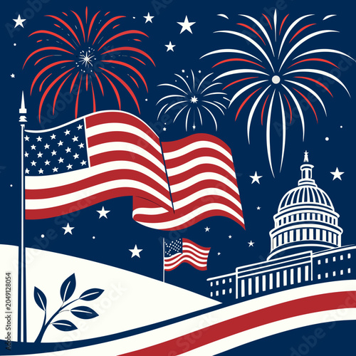 Cuadro en lienzo Us independence day celebration with american flag and capital building illustra