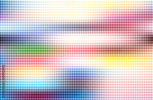 A vibrant abstract artwork features colorful blurred stripes and pixels on a digital illustration.