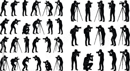 Tableau sur toile Collection of photographer and videographer silhouettes capturing images and fil