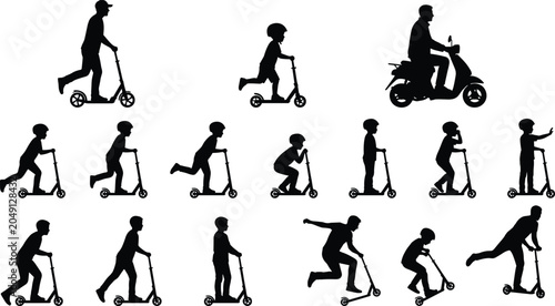 Collection of scooter rider silhouettes featuring children and adults on kick scooters and urban mobility transportation activities