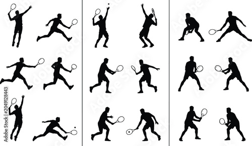 Collection of tennis player silhouettes in action poses featuring serves volleys forehands backhands and competitive sports performance