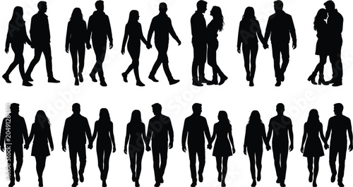 Couple silhouette collection featuring romantic partners walking holding hands embracing and relationship poses isolated vector character set
