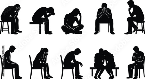 Fotografie Depressed people silhouette collection featuring sadness stress anxiety grief lo