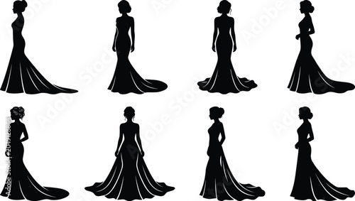 Quadro su tela Elegant women evening gown silhouette collection featuring graceful female figur
