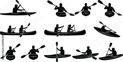 Kayaking and canoeing silhouette collection featuring paddlers in boats isolated for outdoor adventure water sports and recreation