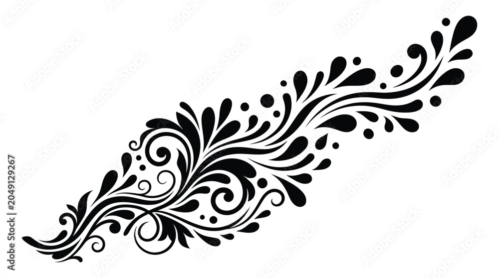 Fototapeta premium Floral ornament with swirling leaves and dots black and white silhouette