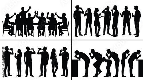 People drinking beverage silhouette collection featuring social gathering party celebration and refreshment poses isolated vector character set