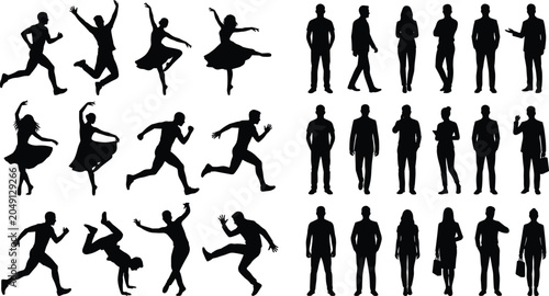 People silhouette collection featuring business professionals dancers runners athletes and active lifestyle poses isolated vector design set