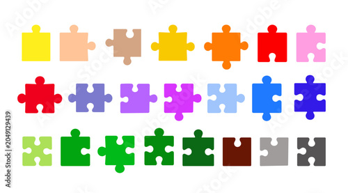 Puzzle separate pieces set colorful doodle hand drawn illustration, jigsaw game design elements, symbol of business solution, creative teamwork, logical connection, successful cooperation