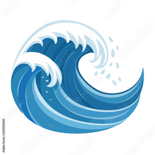 Stylized Blue Ocean Wave with White Foam and Water Splashes
