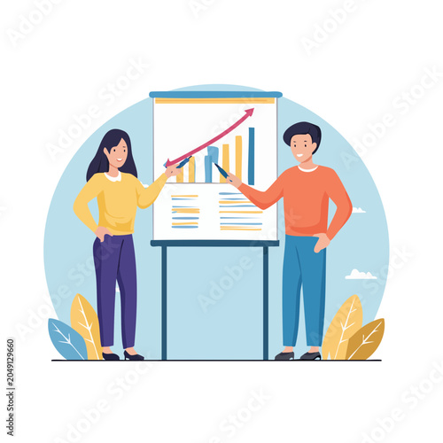 Two people presenting a growing business chart on a whiteboard