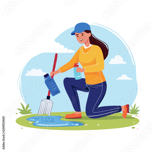Woman Cleaning Puddle with Mop and Spray