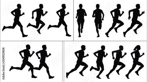 Running athlete silhouette collection featuring male and female runners in motion isolated for fitness training and sports design