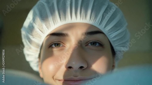 Woman smiles while lying down in a medical setting, during a procedure early in the morning