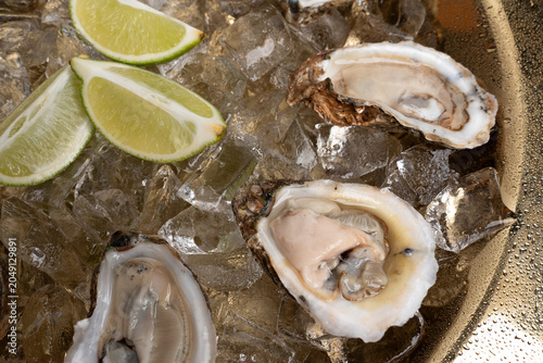 Canvas Print Close up of raw oysters and lime wedges on crushed ice